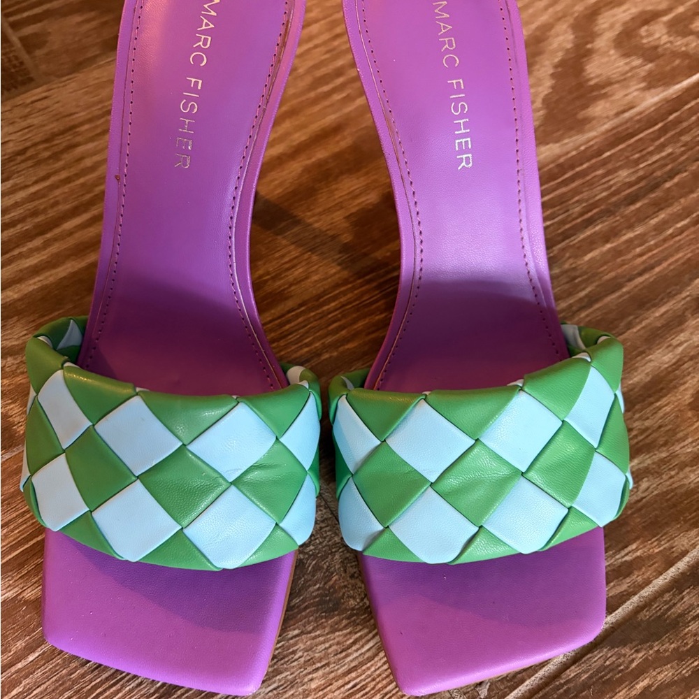 Marc Fisher Purple Slide Sandals with Green & Light Blue Woven Strap